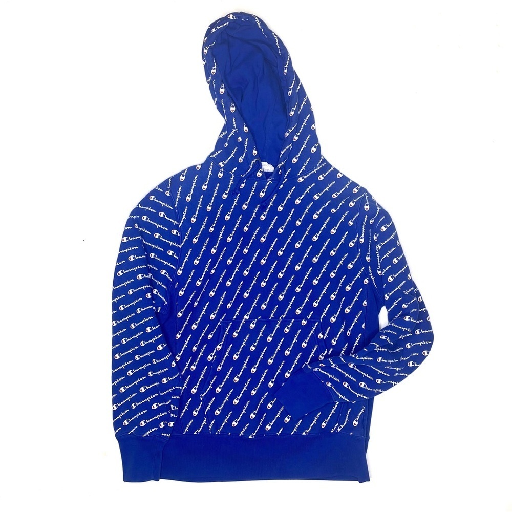 Champion Reverse Weave Hoodie M Blue Allover Logo Print Pullover Streetwear